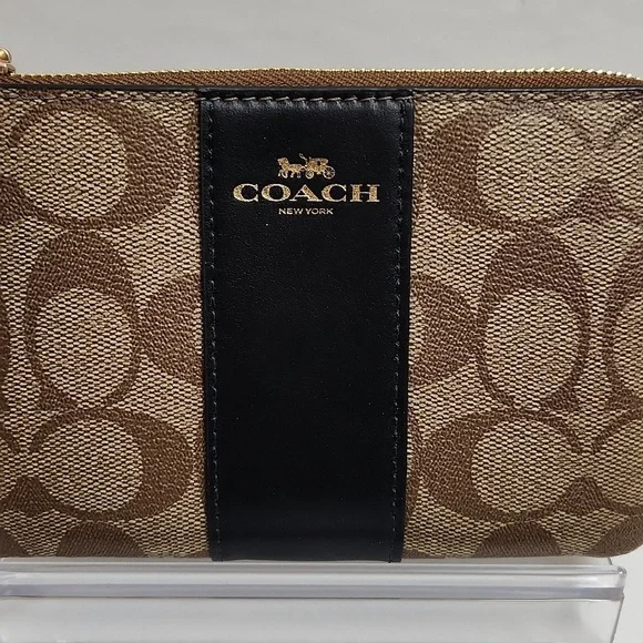 Coach Signature PVC Leather Zipper Khaki Black Small Wristlet